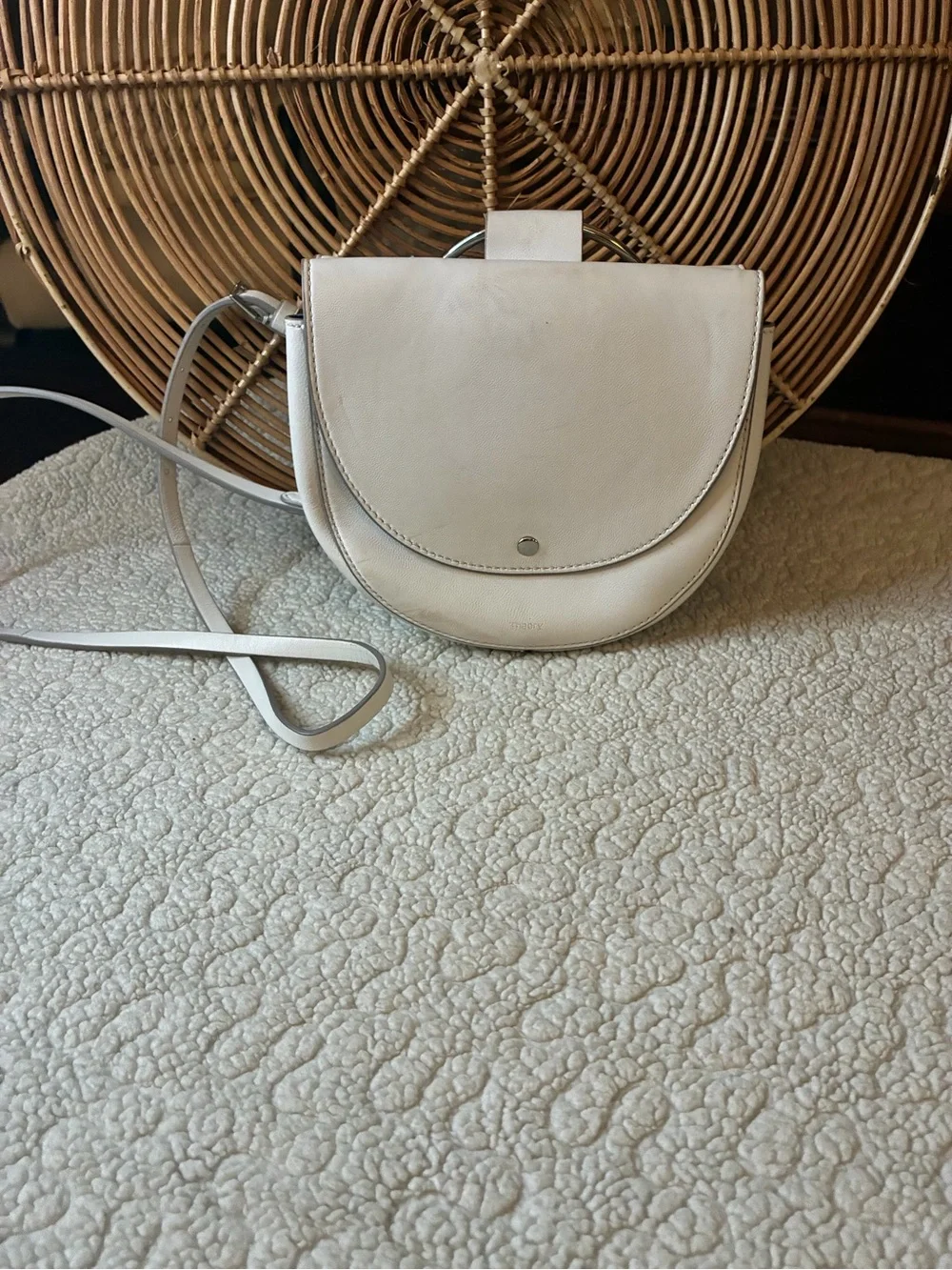 Theory Ivory Leather Ring Handle Crossbody Saddle Bag Silver Hardware